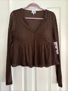 Ruby & Jewell Brown Lace stretchy nylon Peplum V-Neck long sleeve Top SZ XL NWT